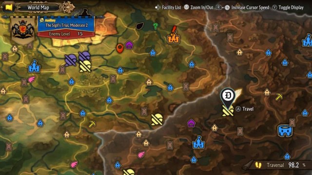 The location of the Moderate 2 difficulty Sigil Trial in Unicorn Overlord, on the game's map.