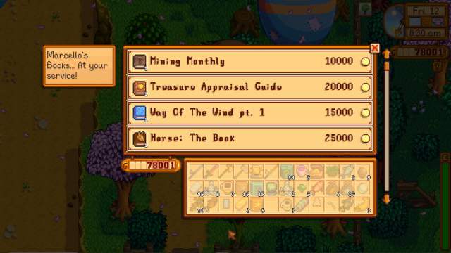 Bookseller vendor list in Stardew Valley