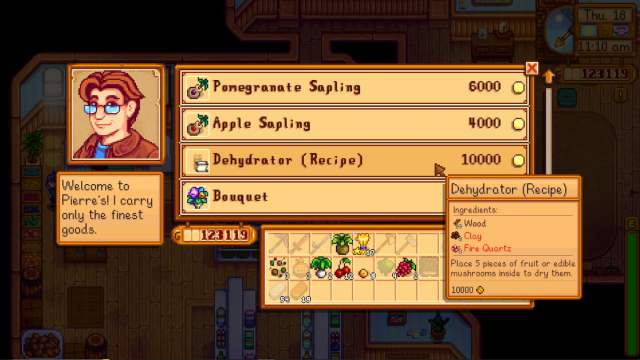 Dehydrator sold at Pierre's shop menu in Stardew Valley