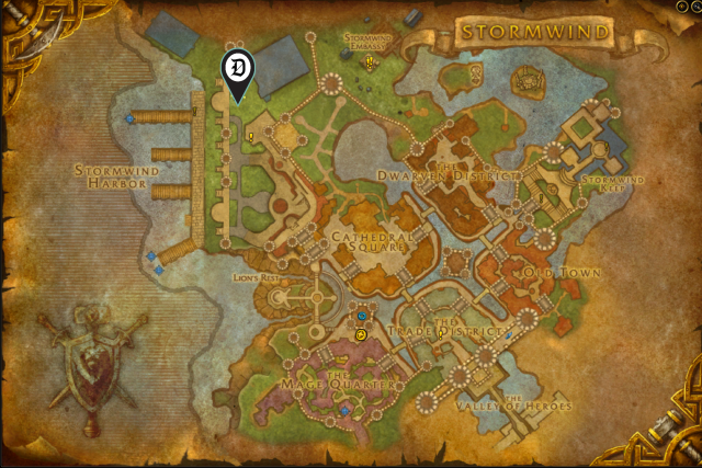 Map of Stormwind, showing where to find Hearthstone portal.