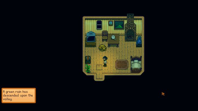 House interior during green rain in Stardew Valley.