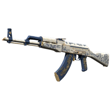 The AK-47 automatic rifle in CS2 painted in snow white with blue streaks all throughout. The magazine is also dark blue with a golden accent. 