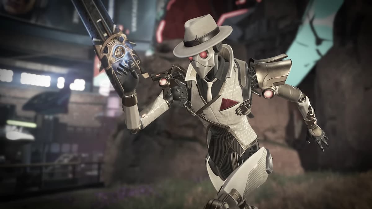 Revenant in a white suit skin holding the Cobalt Katar