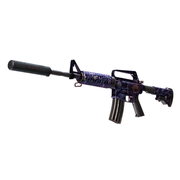M4A1-s from CS2 painted in a metallic purple with flowers and lotuses drawn on its sides. 