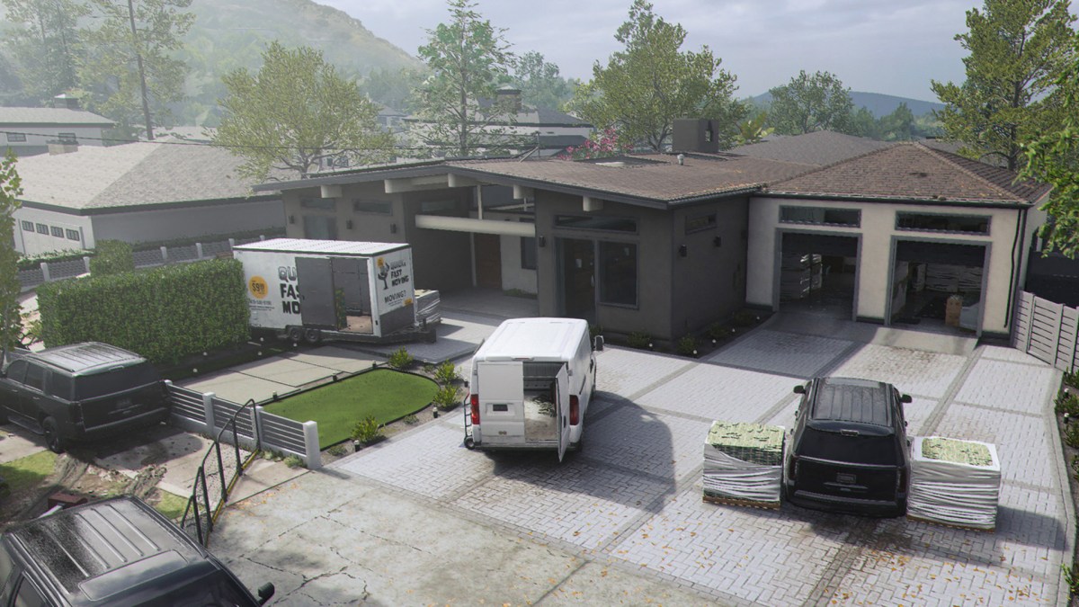 MW3's Stash House map, with a white van and black SUV parked outside.