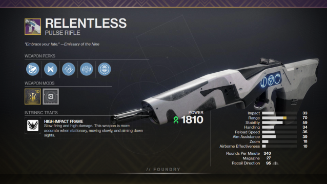 A graphic depicting Relentless alongside its perks and stats. It has Rapid Hit and Desperado equipped.