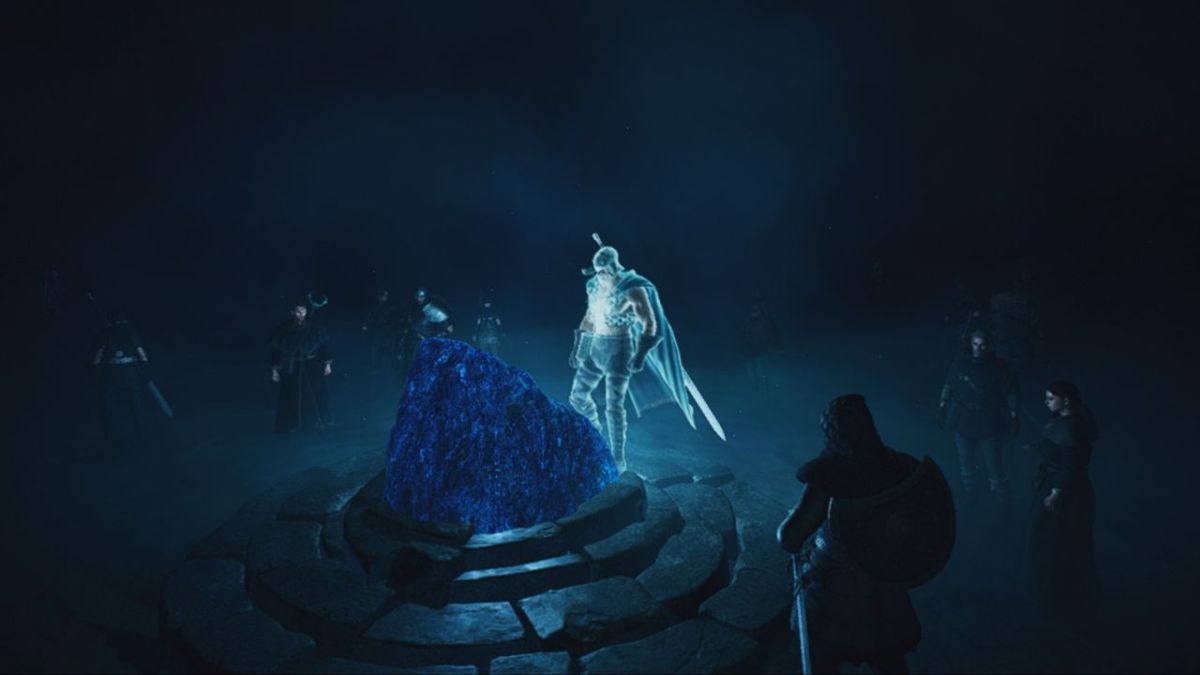 The player character in DD2 in the rift in front of a Riftstone.