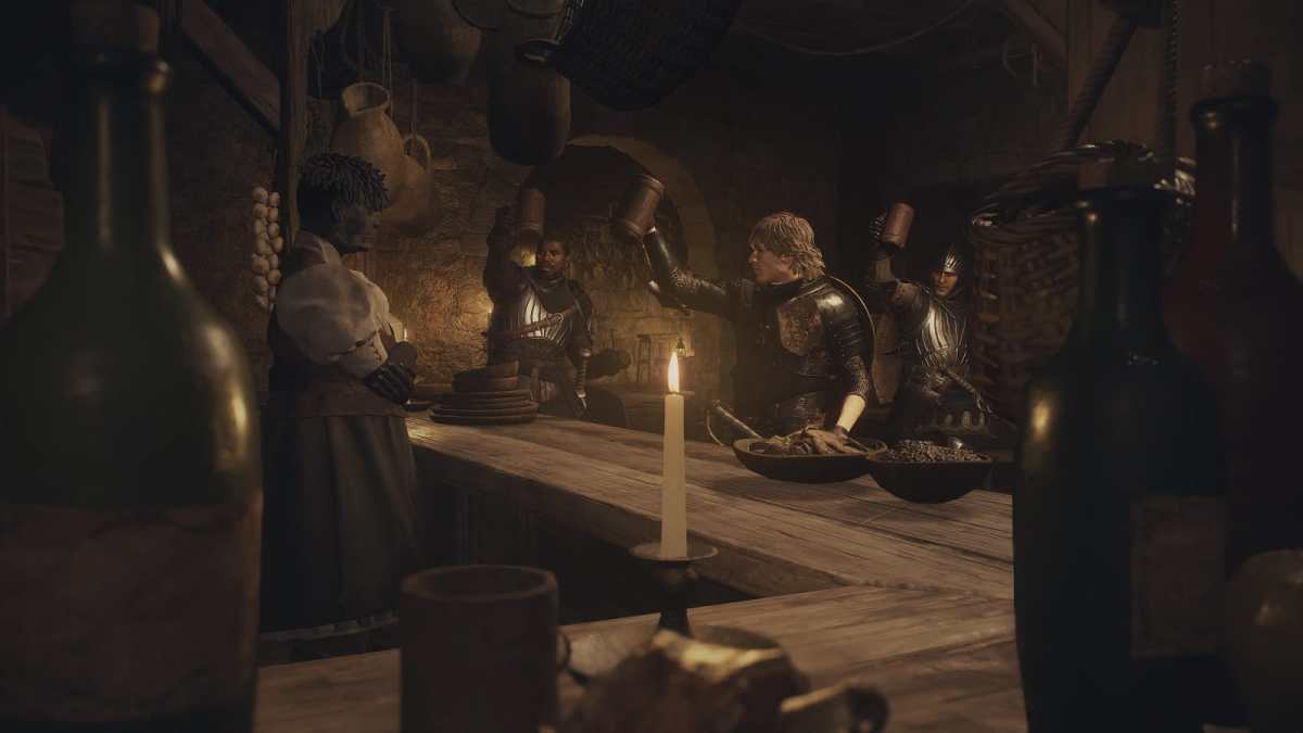 Dragon's Dogma 2 character raising mugs in a tavern bar