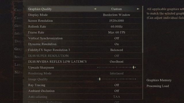 The graphics settings screen in Dragon's Dogma 2.