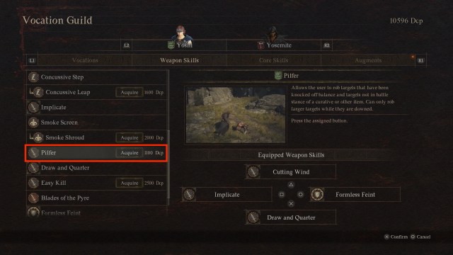 The Pilfer Weapon Skill in the skills menu of Dragon's Dogma 2.