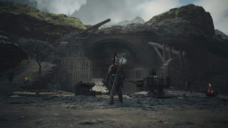 The player character standing in front of the Volcanic Island Camp.