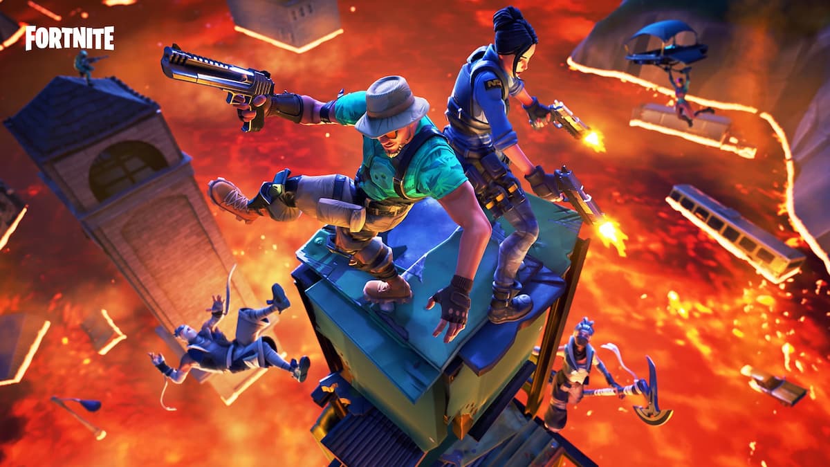 Floor is Lava key artwork with players standing on the building surrounded by lava