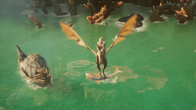 A flying creature over water.