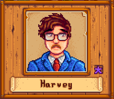 Harvey in Winter in Stardew Valley.