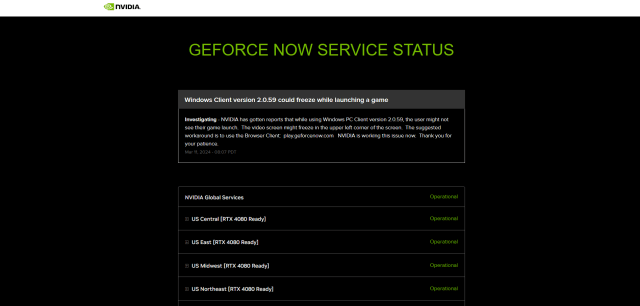 The server status page for GeForce Now