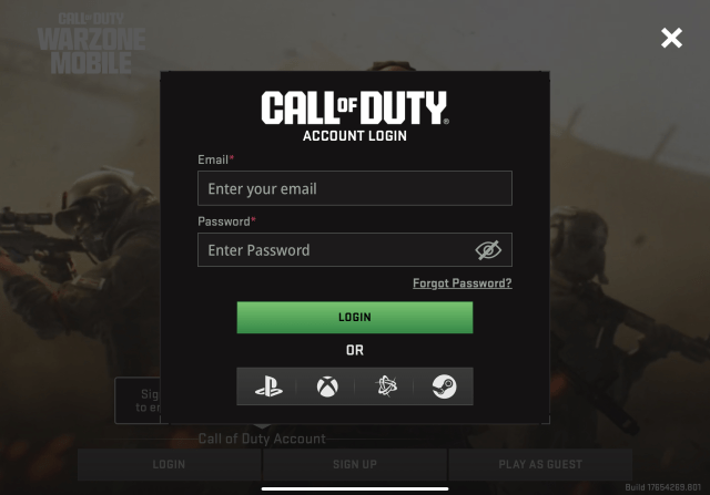 The login screen in Warzone Mobile