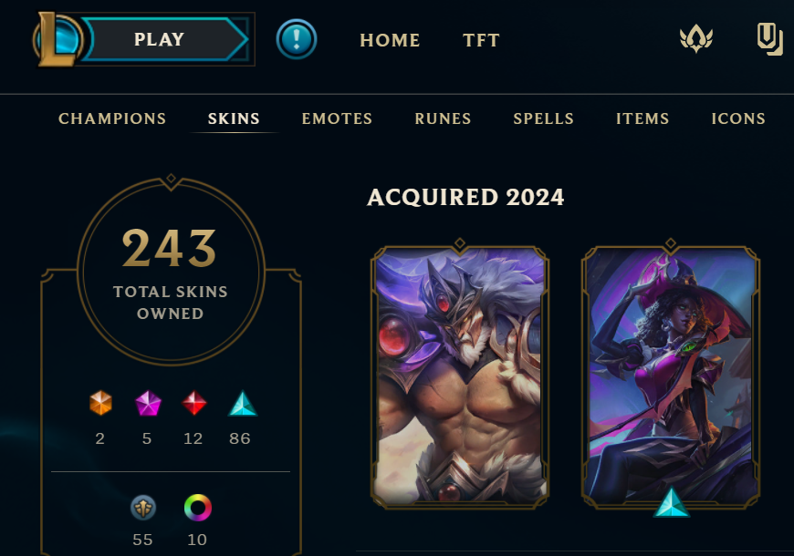 League screenshot of the client, where Victorious Tryndamere can be found under the "Acquired 2024" section of the Skins tab.