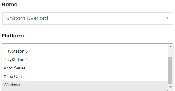 The SEGA support page for Unicorn Overlord listing Xbox One and Windows as platforms for the game.