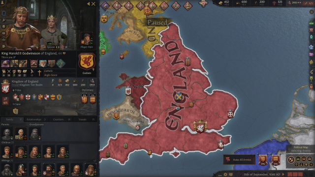 The King of England's family at the 1066 start in Crusader Kings 3.