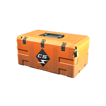 A square orange box buckled with locks with a black sticker on the front side saying CS in white stylized lettering denoting the Kilowatt case in Counter-Strike 2.