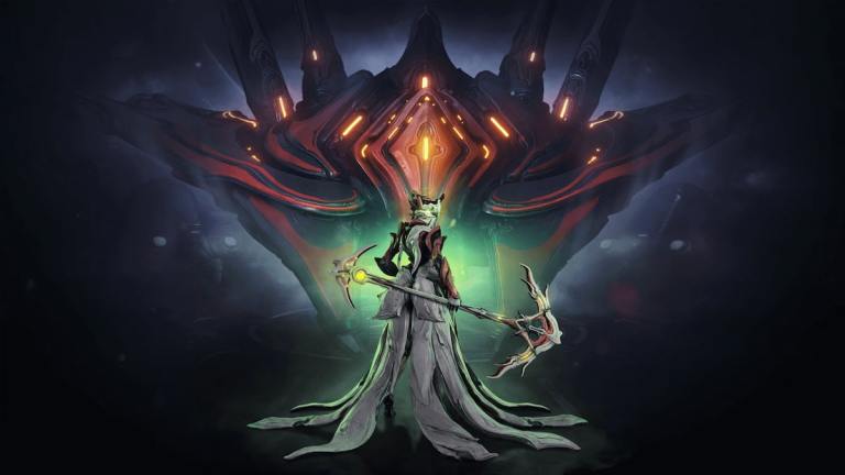 A Warframe character in white holding a giant scepter-like weapon in front of an orange, robotic structure in the shape of a triangle.