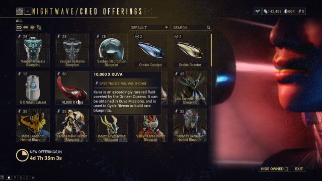 A screenshot of the Nighwave rewards showing Kuva.