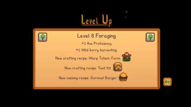 The Level eight Foraging level up screen in Stardew Valley.