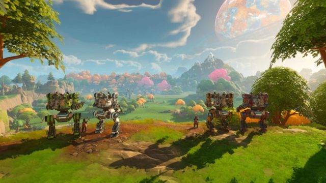 Four mechs staring at alien world in LIghtyear Frontier