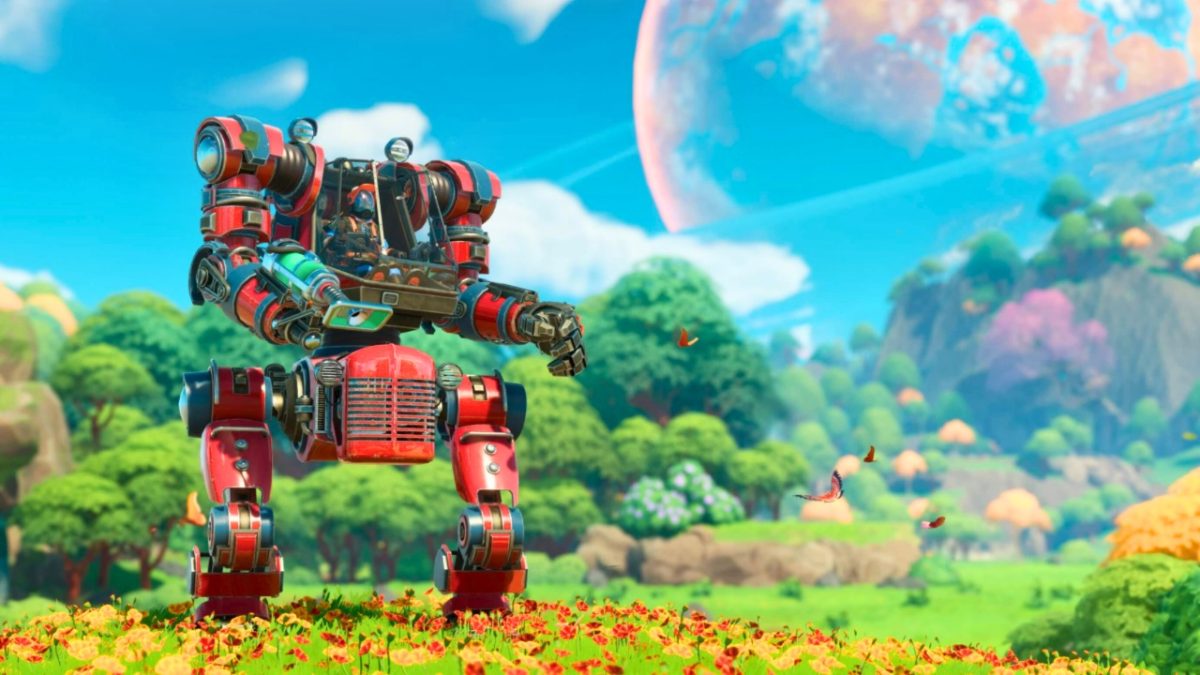 A red mech in a field of flowers in lightyear frontier