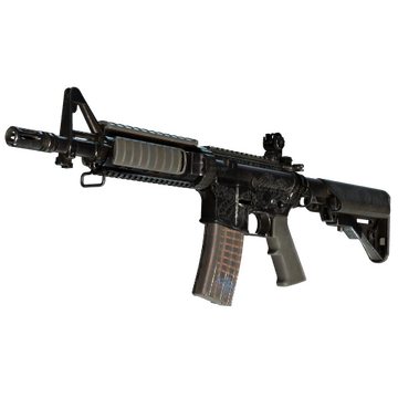 The M4A4 Etch Lord skin in CS2 giving the weapon a grey-black theme and several engravings on the side. 
