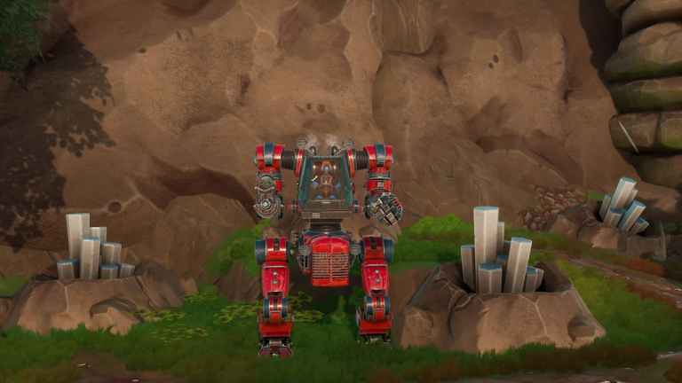 A Mech standing by some Aluminum Rods in Lightyear Frontier.