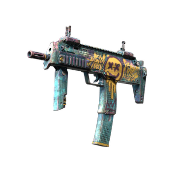 The MP7 weapon from CS2 painted light blue and given a large yellow smiley face on the side which has two Xs for eyes. 