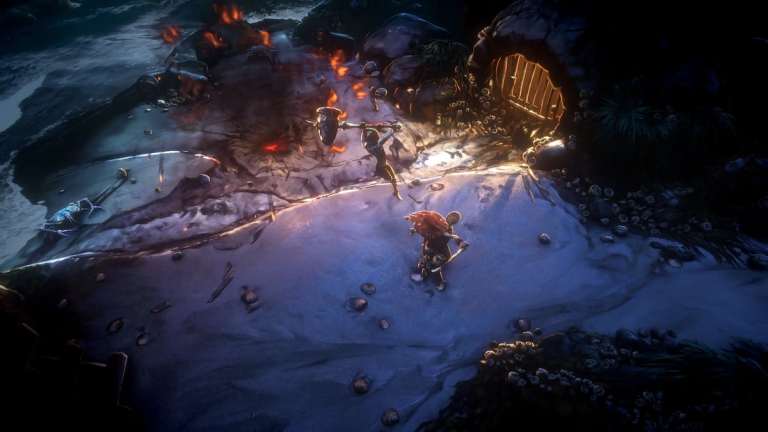 An enemy attacking a player with a large, crude hammer in No Rest for the Wicked.