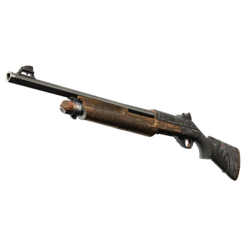 A simple pump shotgun in Counter-Strike 2 with wooden coloring and a metallic finish. 