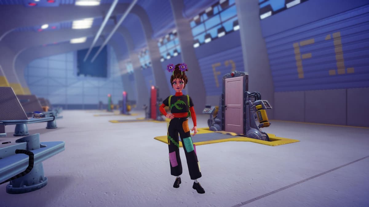 The player standing on the Laugh Floor in the Monsters, Inc. Realm.