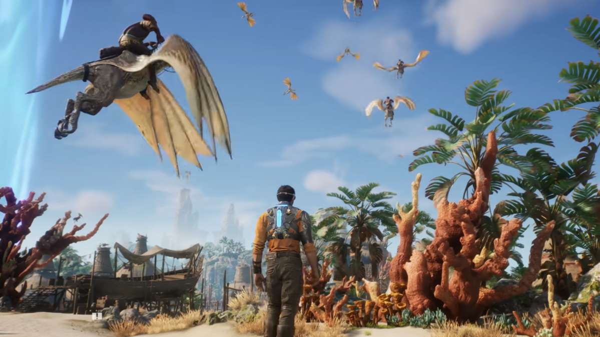 A player walking surrounded by flying creatures in Outcast: A New Beginning.