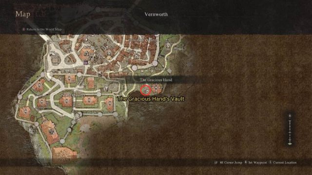 The map of Vernworth with the Gracious Hand's Vault highlighted in red