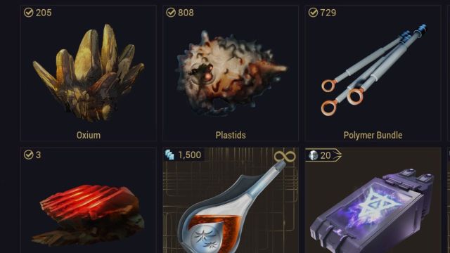 A screenshot of the resources window in the Warframe market.