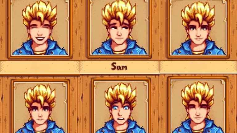 Sam displaying six different emotions in Stardew Valley.