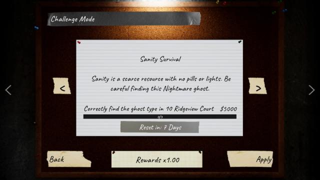 The description for the Sanity Survival challenge in Phasmophobia which reads, "Sanity is a scarce resource with no pills or lights. Be careful finding this Nightmare ghost."