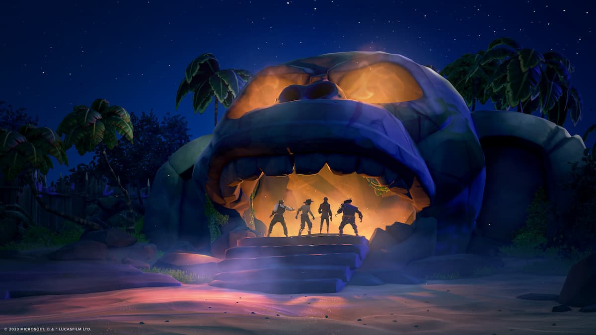 Four pirates standing in front of a cave in a shape of a monkey head