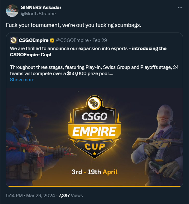 SINNERS CEO tweet towards CSGOEmpire.