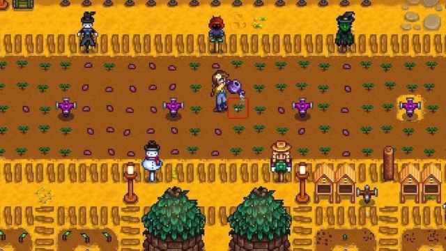 The player standing by many Sprinklers that just watered crops in Stardew Valley.