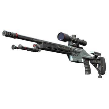 The SSG-08 Sniper Rifle in Counter-Strike 2 painted grey and black, it has a scope and a bipod is attached and raised below the muzzle. 