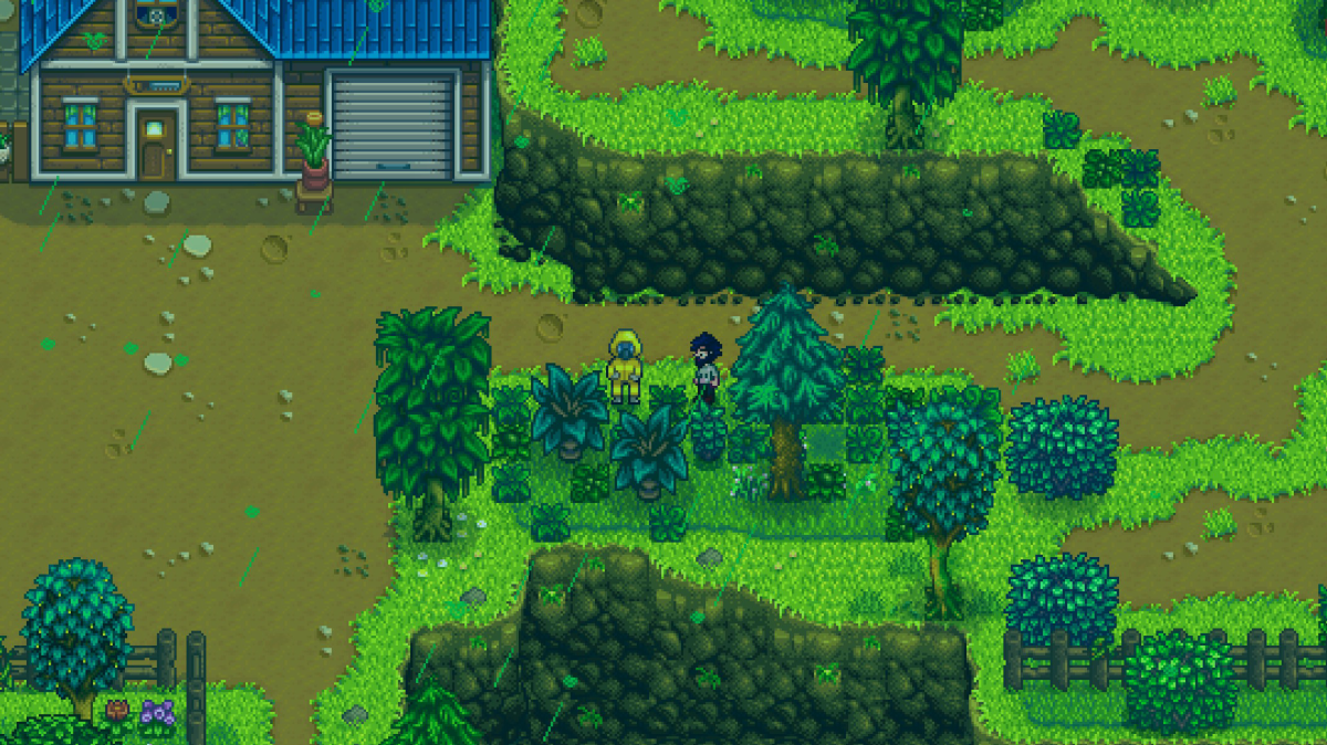 NPC Demetrius outside in a hazmat suit surveying the green rain in Stardew Valley.