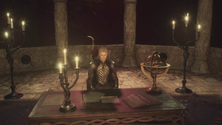 A screenshot of Taliesin by his desk in Dragon's Dogma 2.