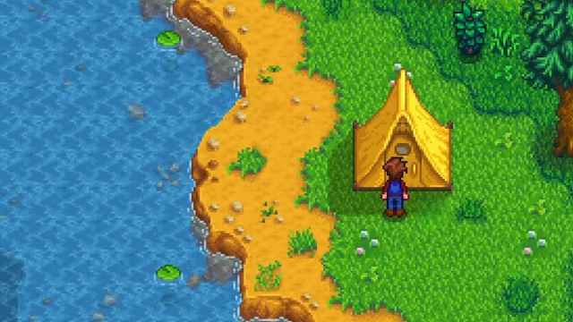 The player standing in front of a Tent Kit in Stardew Valley.