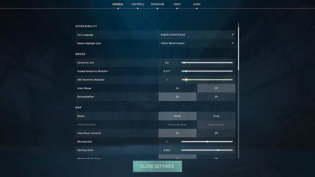 Accessibility, Mouse, and Map settings in VALORANT.