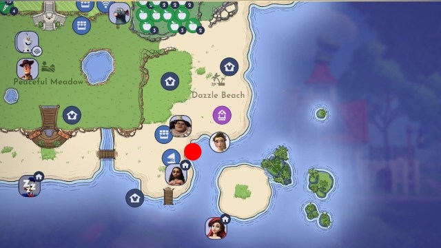 Red dot showing vial of ocean water location in disney dreamlight valley