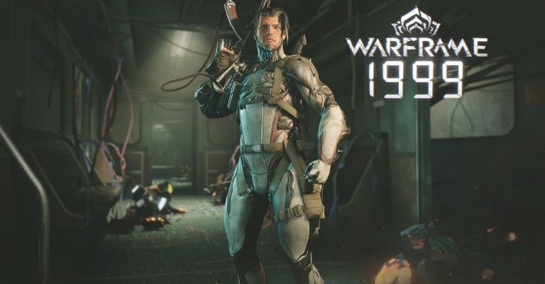 Arthur in Warframe 1999 holding a gun inside a facility.